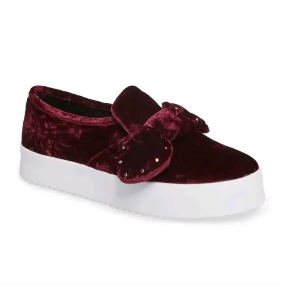 Rebecca Minkoff Burgundy Velvet Rhinestone Bow Platform Slip On Sneakers‎ 7.5